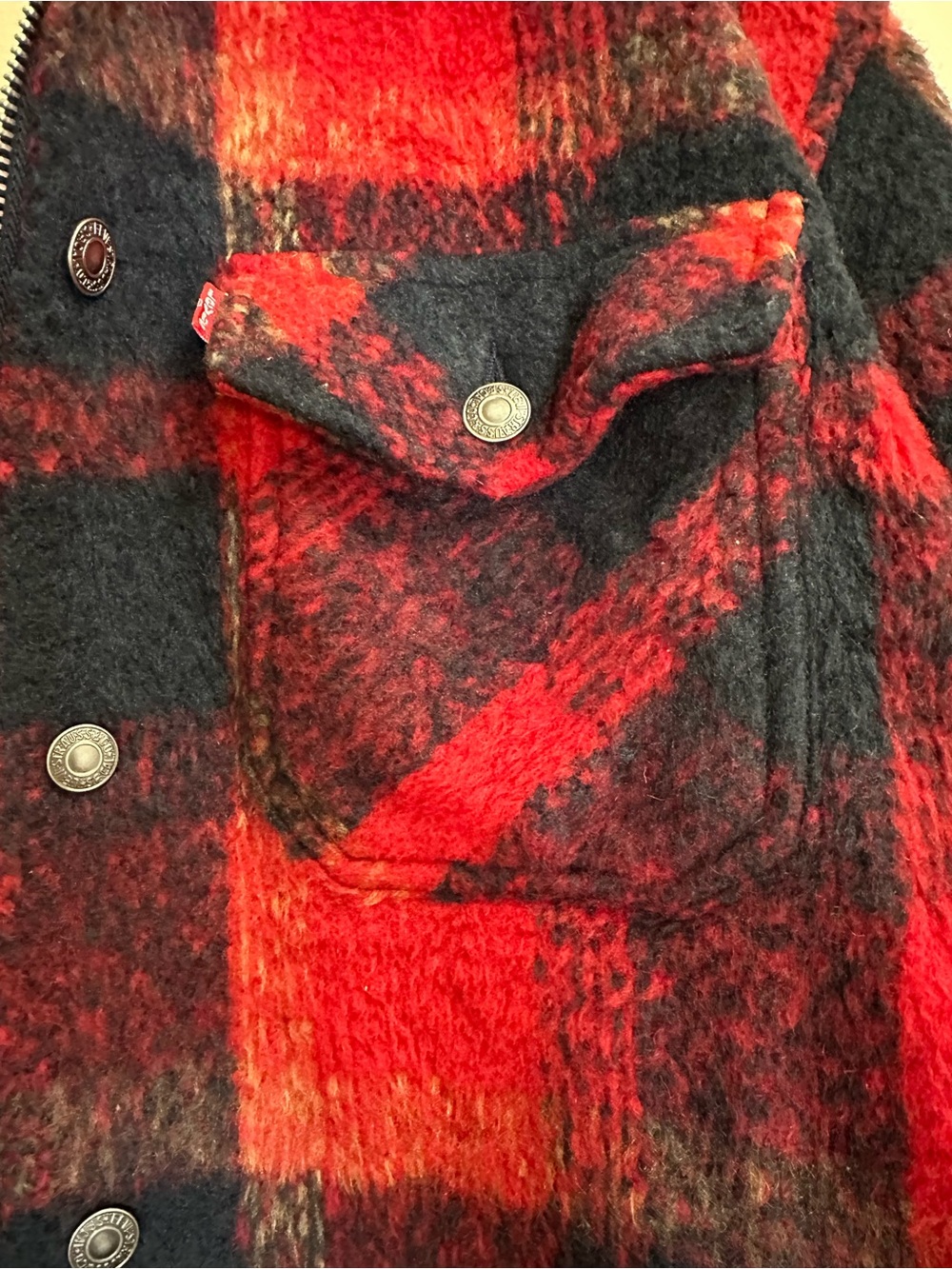 Levis Trucker Jacket Buffalo Plaid Zipper Button Wool Blend Red Women’s Size M - Picture 5 of 14